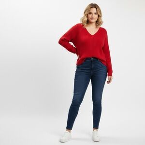 Vintage Tommy Hilfiger Women's Red V-Neck Cotton Sweater Patterned Sleeves 2X